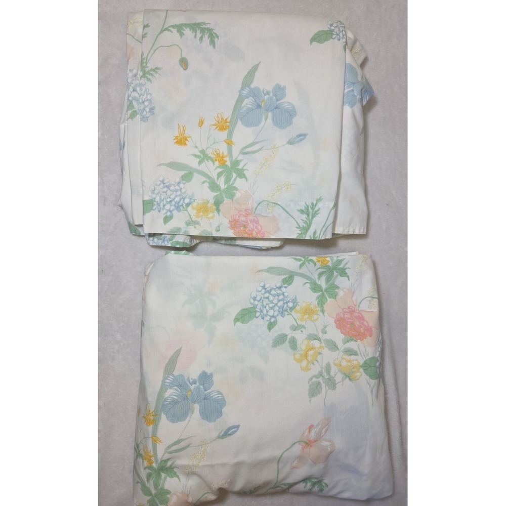 Vintage 1970s Springmaid Wondercale Floral Iris Double Sheet Set‎ Flat Fitted